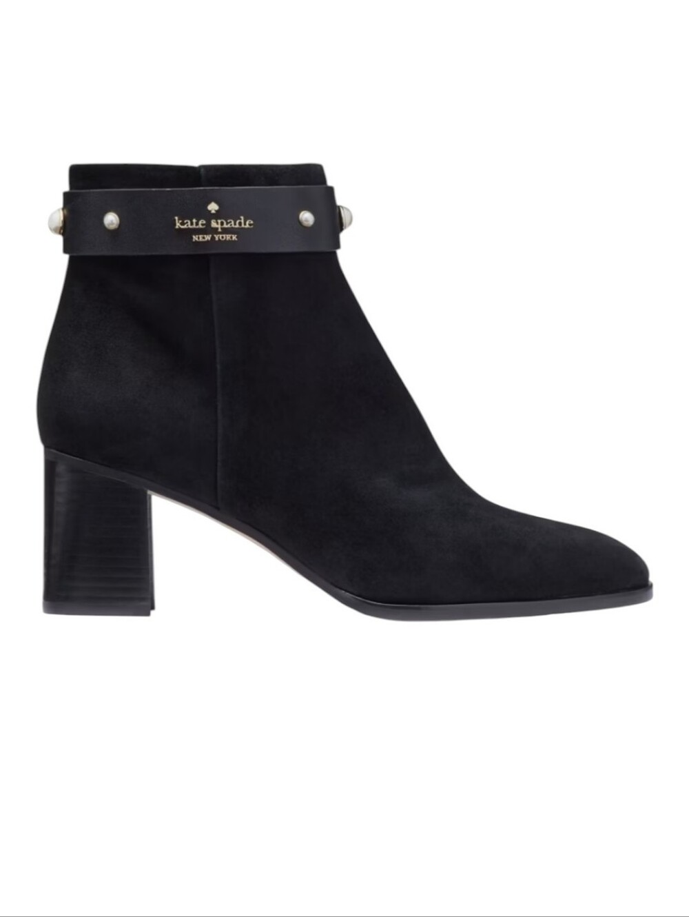 Kate Spade Morgan Black Suede Ankle Booties with Faux Pearl Collar